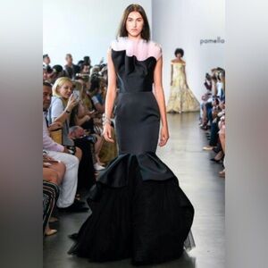 Pamella Roland Womens Mermaid Dress Full Length Gown Satin Tulle sz 6 Black Pink